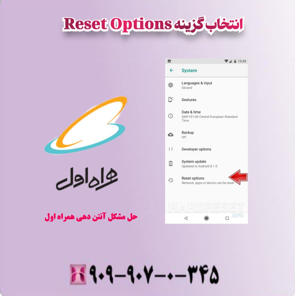 انتخاب گزینه Reset Options انتخاب گزینه Reset Options
